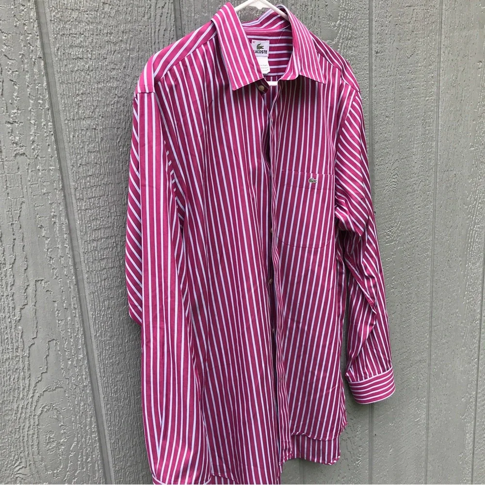 - Lacoste Dress Shirt Size 42 Pink and White Pinstriped - Picture 5 of 8